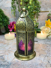 Load image into Gallery viewer, Moroccan Style Brass Lantern Antique Purple Glass Tea Light Candle Holder-OsirisTradingUK