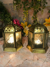 Load image into Gallery viewer, Pair of Moroccan Style Lanterns Brass Antique Tea Light Candle Holders-OsirisTradingUK