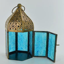 Load image into Gallery viewer, Set of Two Blue Glass Moroccan Style Lanterns Brass Candle Holders