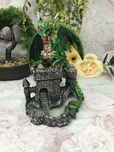 Load image into Gallery viewer, Green Dragon Guarding Castle Statue Cone Burner Lamp Fantasy Art Collection-OsirisTradingUK
