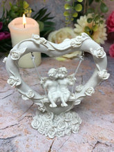 Load image into Gallery viewer, Pretty Pair of Angel Cherubs Sitting On Swing inside Rose Covered Heart Ornament-Collectables:Fantasy, Myth & Magic:Angel-OsirisTradingUK