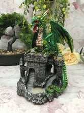 Load image into Gallery viewer, Green Dragon Guarding Castle Statue Cone Burner Lamp Fantasy Art Collection-OsirisTradingUK