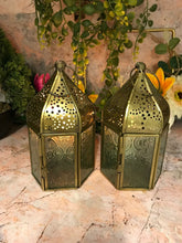 Load image into Gallery viewer, Pair of Moroccan Style Lanterns Brass Tea Light Candle Holders Ornaments-OsirisTradingUK
