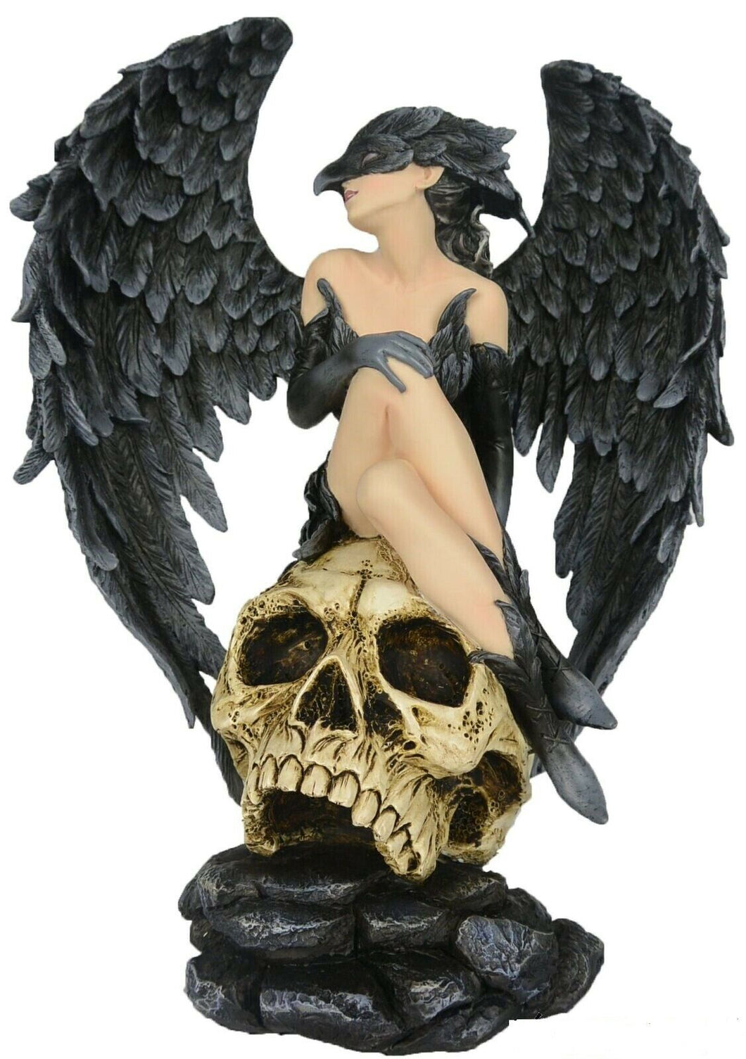 Gothic Witch Dark Fairy Fallen Angel Resting on Skull Succubus Statue Ornament