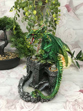 Load image into Gallery viewer, Green Dragon Guarding Castle Statue Cone Burner Lamp Fantasy Art Collection-OsirisTradingUK
