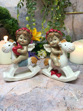 Load image into Gallery viewer, Pair of Guardian Angel Figurine Cherub on Rocking Horse Holding Heart Ornament-Collectables:Fantasy, Myth & Magic:Mythical Creatures:Angels-OsirisTradingUK