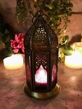 Load image into Gallery viewer, Moroccan Style Brass Lantern Antique Purple Glass Tea Light Candle Holder-OsirisTradingUK