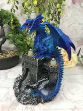 Load image into Gallery viewer, Blue Dragon Guarding Castle Statue Cone Burner Fantasy Art Dragons Collection