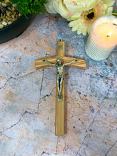Laden Sie das Bild in den Galerie-Viewer, Olive Wood Crucifix Hanging Wall Cross Silver Metal Religious 15 cm-OsirisTradingUK