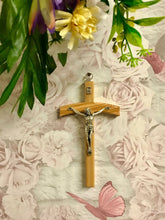 Laden Sie das Bild in den Galerie-Viewer, Olive Wood Crucifix Hanging Wall Cross Silver Metal Religious 15 cm-OsirisTradingUK