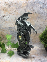 Load image into Gallery viewer, Silver Dragon Sculpture Guardian of Jewell Statue Fantasy Art Mythical Creatures-OsirisTradingUK