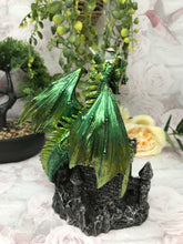 Load image into Gallery viewer, Green Dragon Guarding Castle Statue Cone Burner Lamp Fantasy Art Collection-OsirisTradingUK