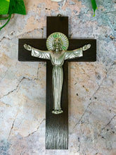 Laden Sie das Bild in den Galerie-Viewer, Wooden Crucifix Hanging Wall Cross Silver Metal Jesus Christ Religious Decor-OsirisTradingUK