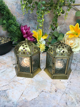 Load image into Gallery viewer, Pair of Moroccan Style Lanterns Brass Antique Tea Light Candle Holders-OsirisTradingUK