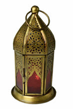 Load image into Gallery viewer, Moroccan Style Brass Lantern Antique Red Glass Tea Light Candle Holder-OsirisTradingUK
