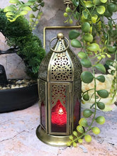 Load image into Gallery viewer, Moroccan Style Brass Lantern Antique Red Glass Tea Light Candle Holder-OsirisTradingUK