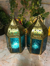Load image into Gallery viewer, Set of Two Blue Glass Moroccan Style Lanterns Brass Candle Holders