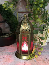 Load image into Gallery viewer, Moroccan Style Brass Lantern Antique Red Glass Tea Light Candle Holder-OsirisTradingUK