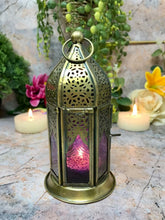 Load image into Gallery viewer, Moroccan Style Brass Lantern Antique Purple Glass Tea Light Candle Holder-OsirisTradingUK