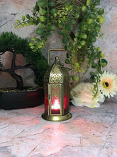 Load image into Gallery viewer, Moroccan Style Brass Lantern Antique Red Glass Tea Light Candle Holder-OsirisTradingUK