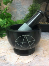 Load image into Gallery viewer, Pentagram Black Soap Stone Mortar and Pestle Wiccan Pagan Altar Pentacle Symbol