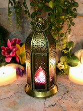Load image into Gallery viewer, Moroccan Style Brass Lantern Antique Purple Glass Tea Light Candle Holder-OsirisTradingUK
