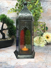 Load image into Gallery viewer, Moroccan Style Lantern Brass Antique Multicoloured Glass Tea Light Candle Holder