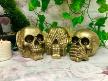 Load image into Gallery viewer, Set of Three Gold Wise Skulls Gothic Decor Hear See Speak No Evil Figures-OsirisTradingUK