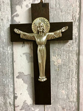 Laden Sie das Bild in den Galerie-Viewer, Wooden Crucifix Hanging Wall Cross Silver Metal Jesus Christ Religious Decor-OsirisTradingUK