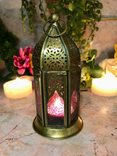 Load image into Gallery viewer, Moroccan Style Brass Lantern Antique Purple Glass Tea Light Candle Holder-OsirisTradingUK