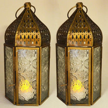 Load image into Gallery viewer, Set of Two Moroccan Style Lanterns Brass Antique Glass Tea Light Candle Holders Home Decoration-OsirisTradingUK