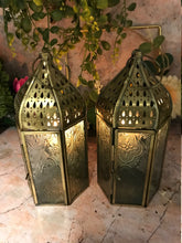 Load image into Gallery viewer, Set of Two Moroccan Style Lanterns Brass Antique Glass Tea Light Candle Holders Home Decoration-OsirisTradingUK