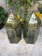 Load image into Gallery viewer, Set of Two Moroccan Style Lanterns Brass Antique Glass Tea Light Candle Holders Home Decoration-OsirisTradingUK