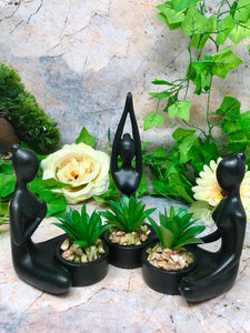 Set of 3 Yoga Pose Black Sculptures Figurine with Artificial Plant Oriental Statue Home Decoration