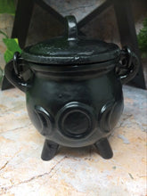 Load image into Gallery viewer, Cast Iron Cauldron Triple Moon Goddess Wiccan Supplies Pagan Gift Altar Pentacle Spellcast Potions