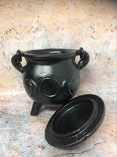 Load image into Gallery viewer, Cast Iron Cauldron Triple Moon Goddess Wiccan Supplies Pagan Gift Altar Pentacle Spellcast Potions