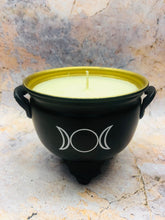 Load image into Gallery viewer, SOYA Wax Candle Triple Moons Goddess Symbol Pagan Wicca Altar Cauldron Hand Made from Quality Metal-OsirisTradingUK