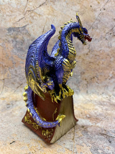 Mystic Sapphire Guardian Dragon on Enchanted Tome - Hand-Painted Resin Dragon Figurine, 16cm Fantasy Home Decor