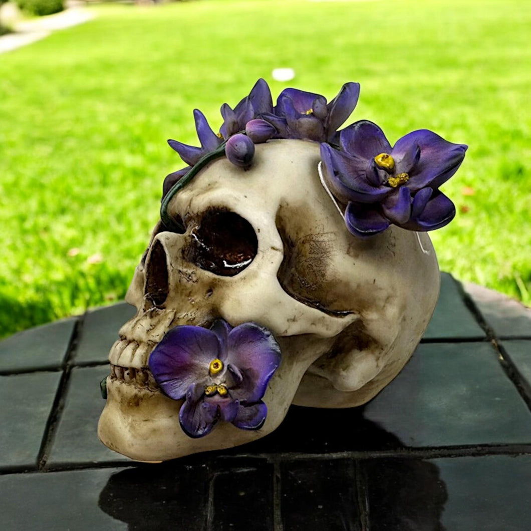 Floral Decay Skull Statue - Gothic Decor Halloween Tabletop Decoration