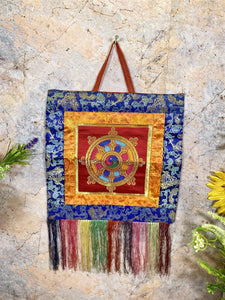 Tibetan Wheel of Dharma Embroidered Banner Wall Hanging Thangka Banner Altar Decoration-OsirisTradingUK