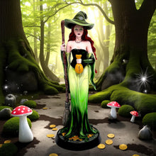 Load image into Gallery viewer, Prosperity Fantasy Witch Figurine with Broom and Gold Bag Gothic Wiccan Statue
