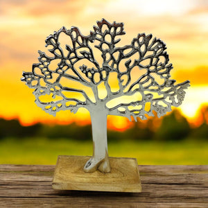 Contemporary Silver Tree Decor - Metal Ornament with Wooden Base, Perfect Gift