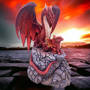 Enthralling Red Dragon and Hatchling Figurine - Handcrafted Mythical Beast Statue for Fantasy Decor - Collectible Resin Dragon Sculpture