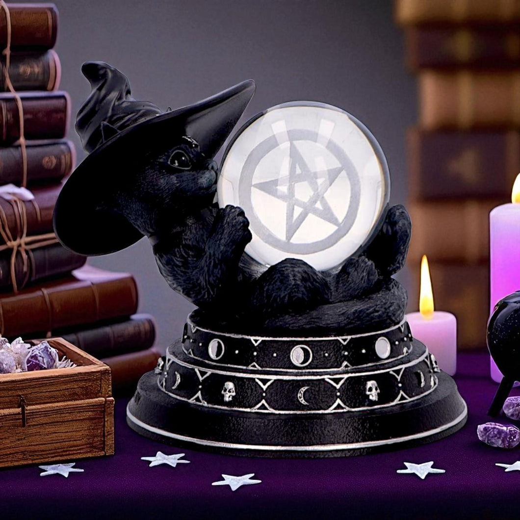 Witch's Familiar Cat Figurine Crystal Ball Gothic Wiccan Ornament Pagan Occult Art