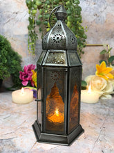Load image into Gallery viewer, Moroccan Style Lantern Zinc Antique Amber Glass Tea Light Candle Holder Home Decoration
