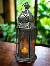 Load image into Gallery viewer, Moroccan Style Lantern Zinc Antique Amber Glass Tea Light Candle Holder Home Decoration
