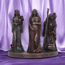 Laden Sie das Bild in den Galerie-Viewer, Bronze Pagan Maiden, Mother, and Crone Trio Statue - Wiccan Decor Gift
