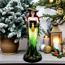 Load image into Gallery viewer, Prosperity Fantasy Witch Figurine with Broom and Gold Bag Gothic Wiccan Statue
