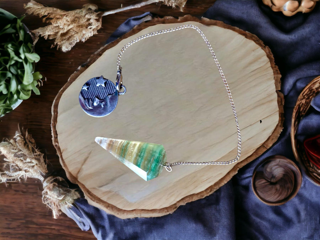 Fluorite Crystal Pendulum with Celestial Moon Charm - Guiding Star Divination Pendulum, Spiritual Dowsing Tool, Intuitive Healing Chain