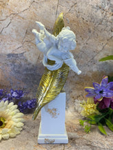 Load image into Gallery viewer, Handmade Resin Cherub Angel Guardian Resting on Golden Feather Sculpture-OsirisTradingUK
